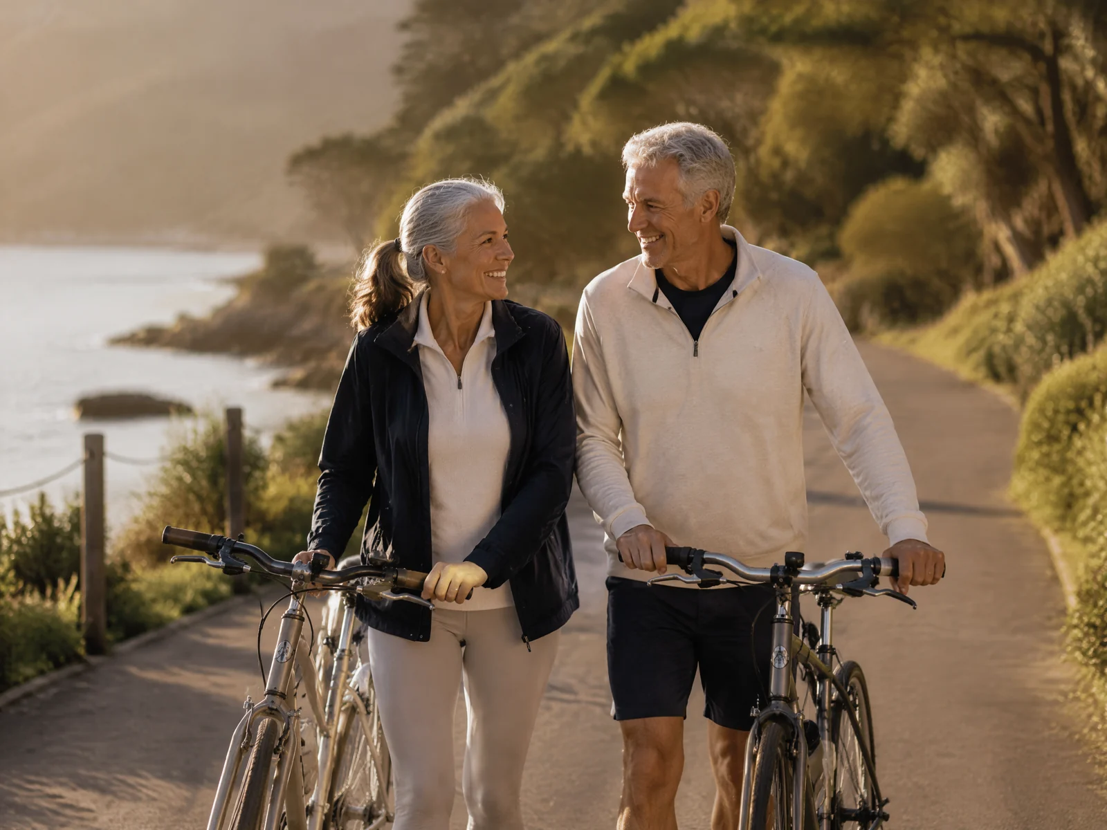 Older adults enjoying an active coastal walk with their bicycles