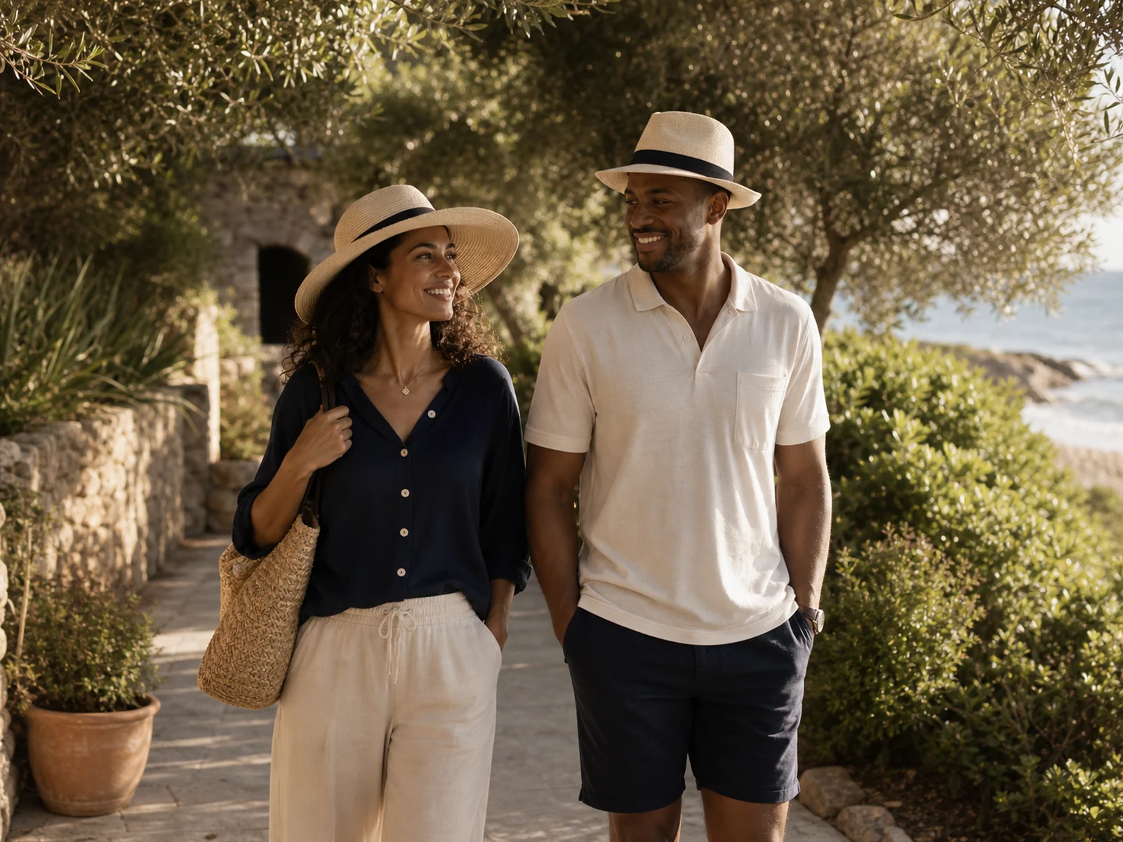 Adults with different natural skin tones enjoying a shaded coastal walk