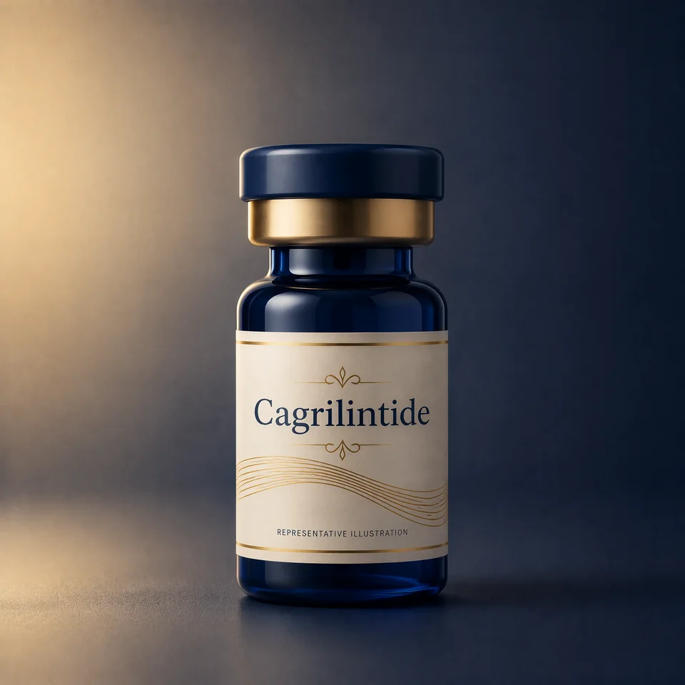 Representative Lion Peptides vial illustration labelled Cagrilintide; not actual product packaging or inventory