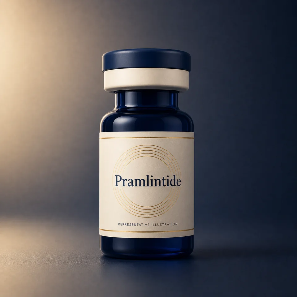 Representative Lion Peptides vial illustration labelled Pramlintide; not actual product packaging or inventory