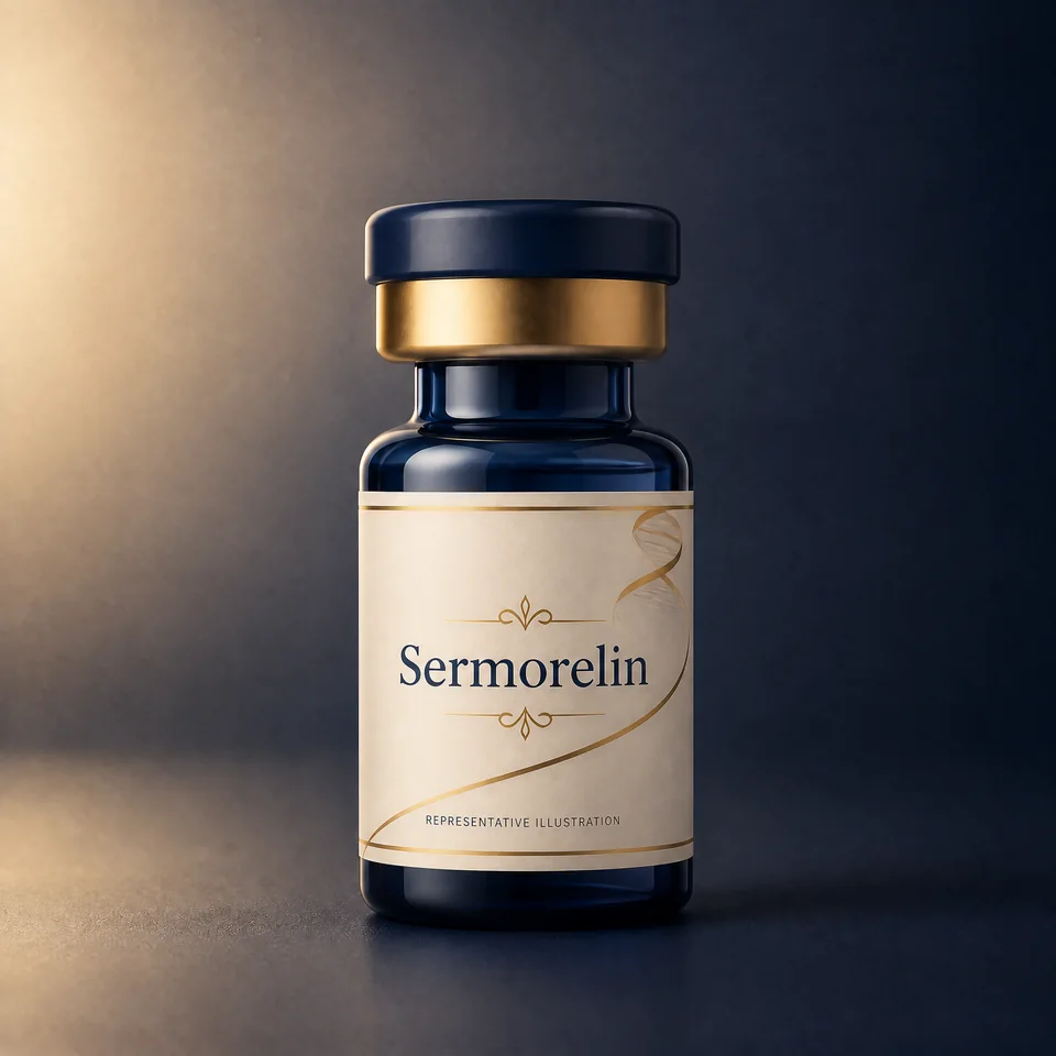 Representative Lion Peptides vial illustration labelled Sermorelin; not actual product packaging or inventory